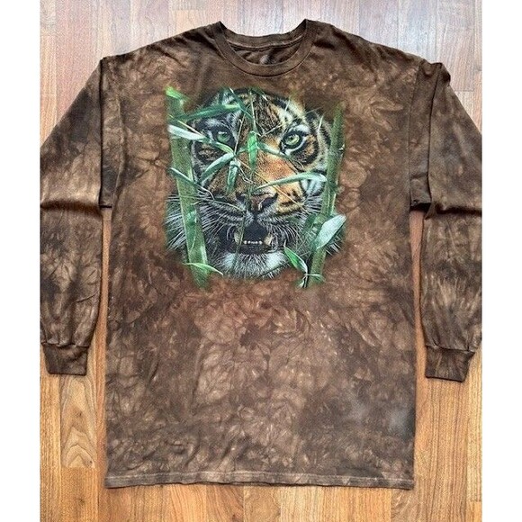 The Mountain Hungry Eyes Long Sleeve T Shirt Mens 2XL Brown Tiger Tie Dye EUC - Picture 1 of 9